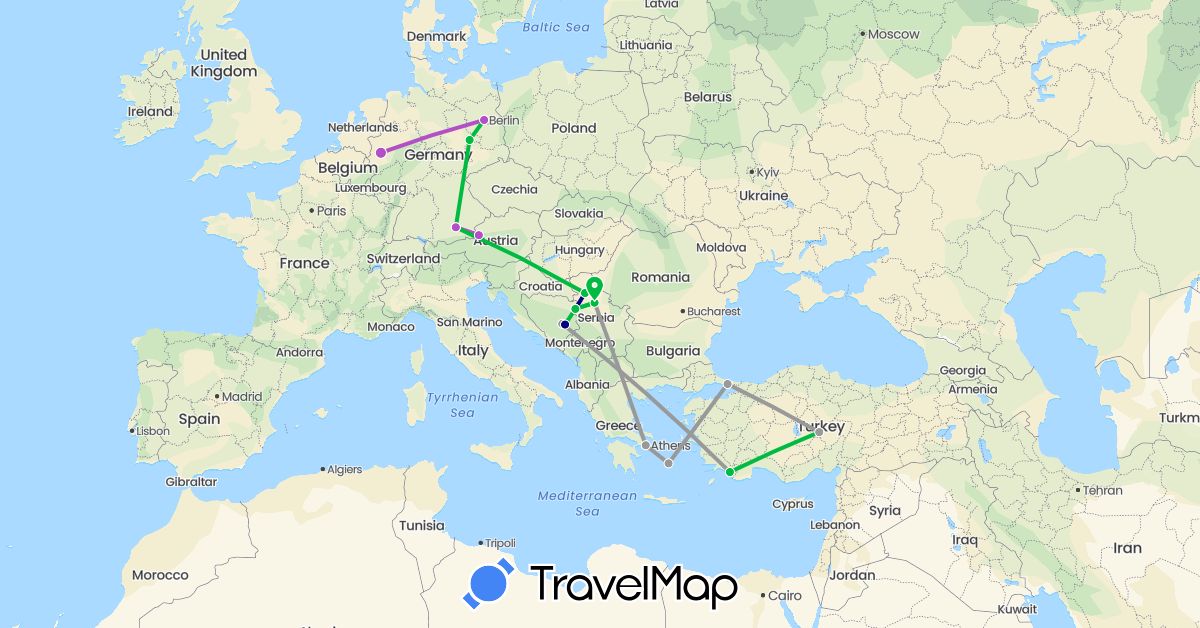 TravelMap itinerary: driving, bus, plane, train in Austria, Bosnia and Herzegovina, Germany, Greece, Serbia, Turkey (Asia, Europe)